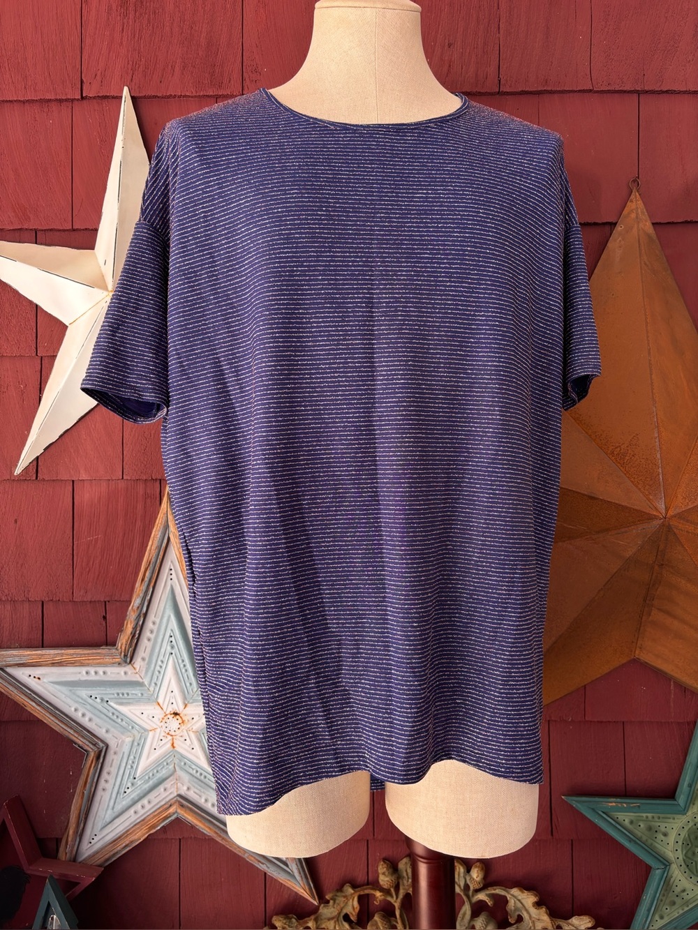 NWT Lularoe Irma Purple Silver Striped Shirt Size L